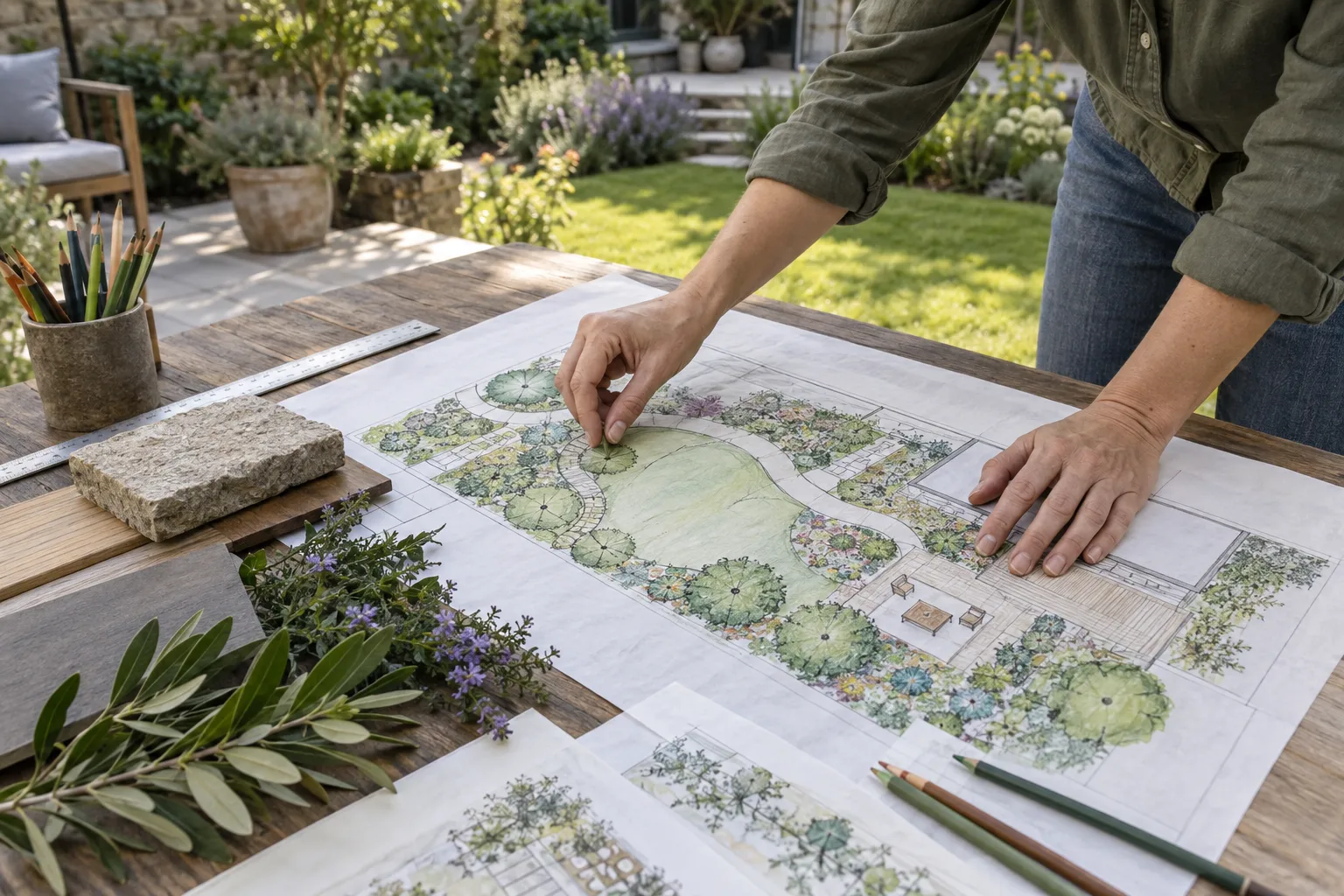 Gartenentwurf mit Wegen und Pflanzzonen neben Materialmustern