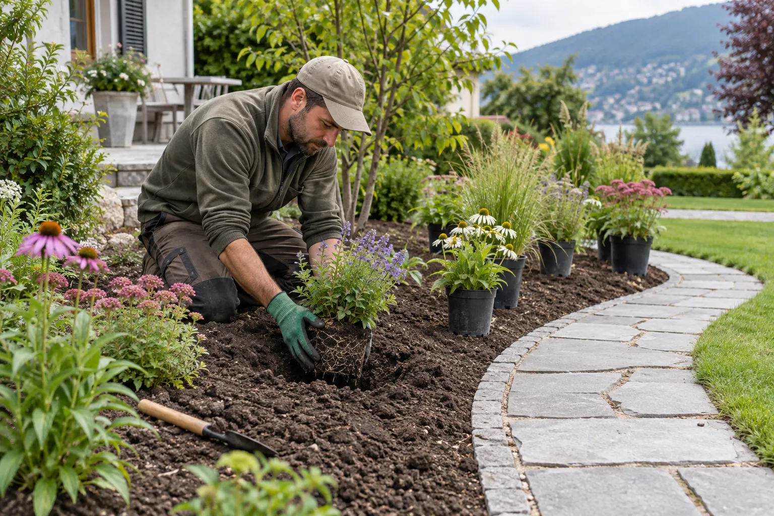 Stauden werden nach Pflanzplan neben einem neuen Gartenweg eingesetzt