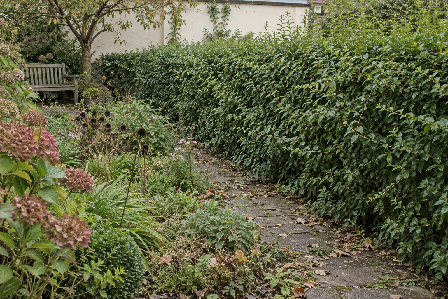 Ausgewachsene Hecke und Staudenbeet vor der Gartenpflege