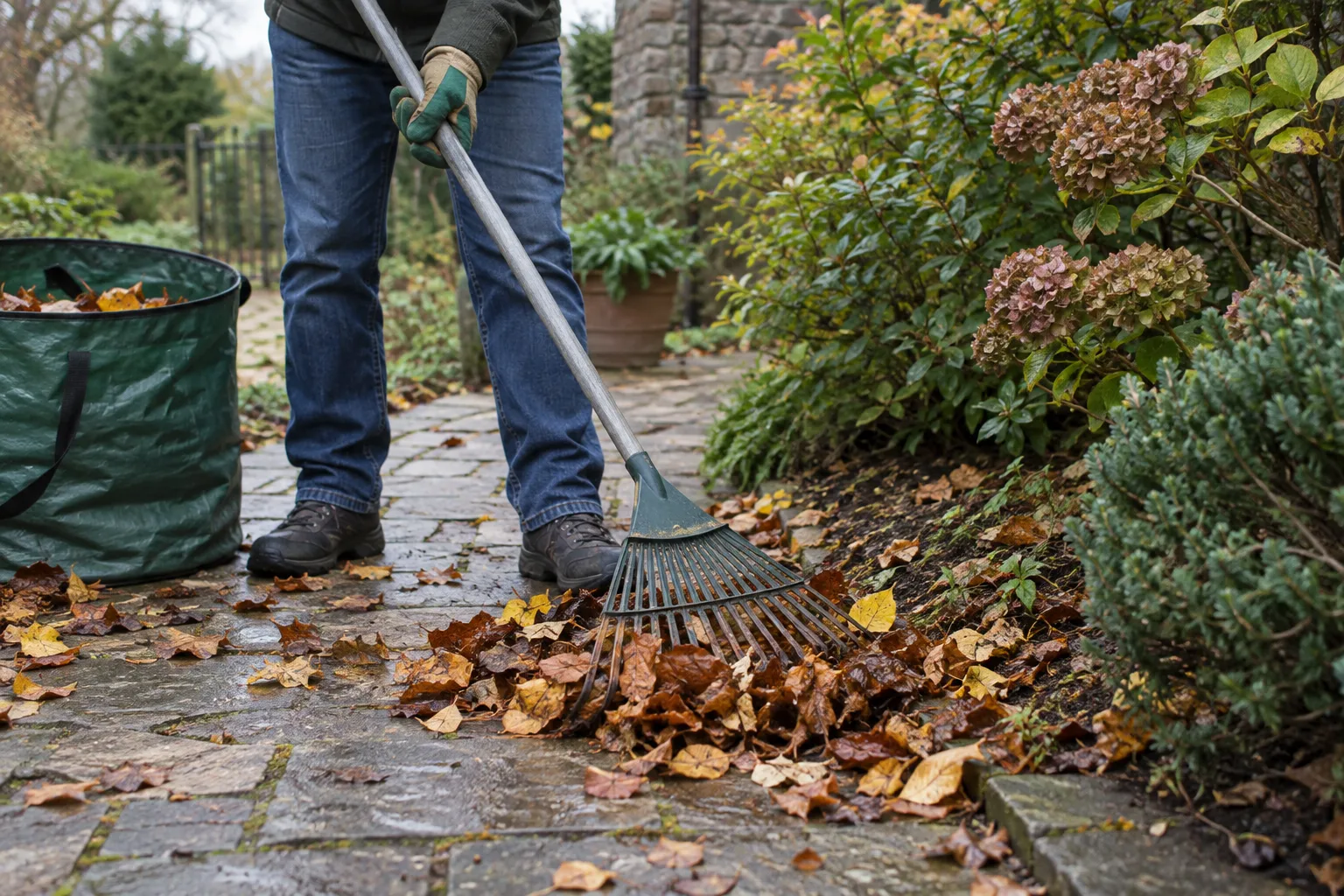 Laub wird vom bestehenden Gartenweg zusammengerecht