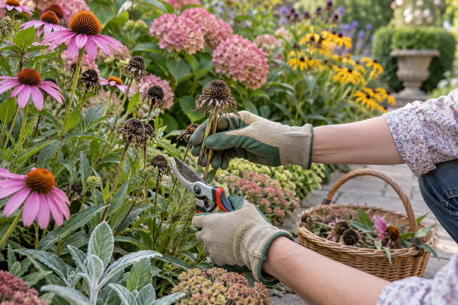 Verblühte Stauden werden mit einer Gartenschere zurückgeschnitten