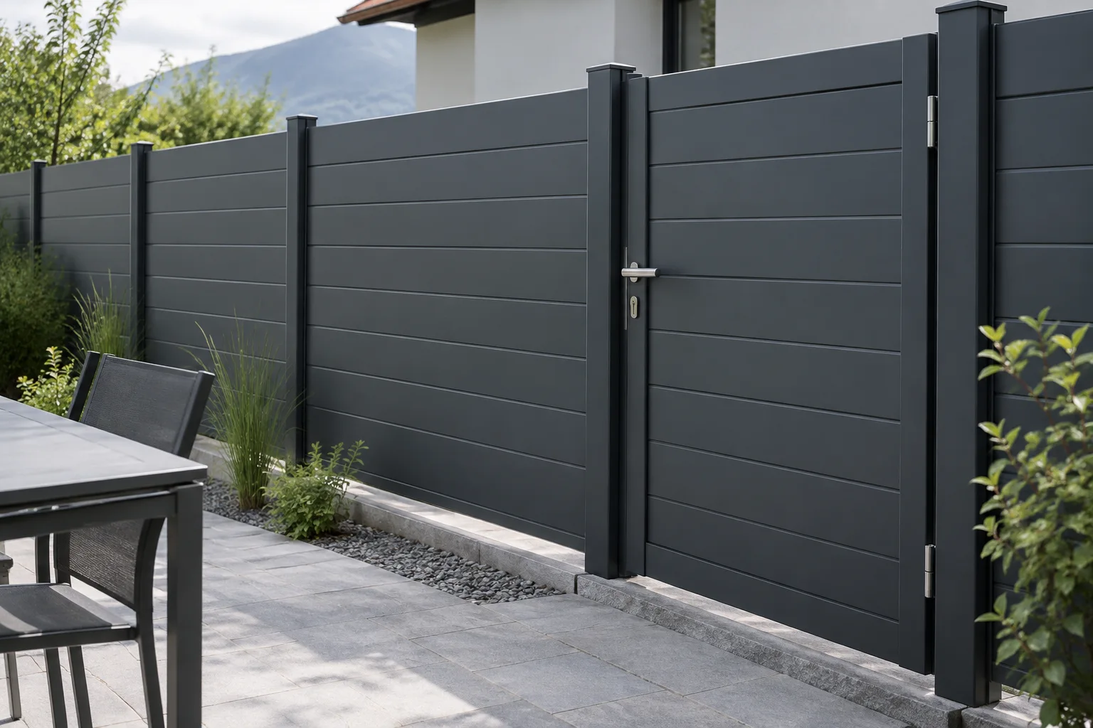 Geschlossene Aluminium-Sichtschutzelemente mit passendem Gartentor