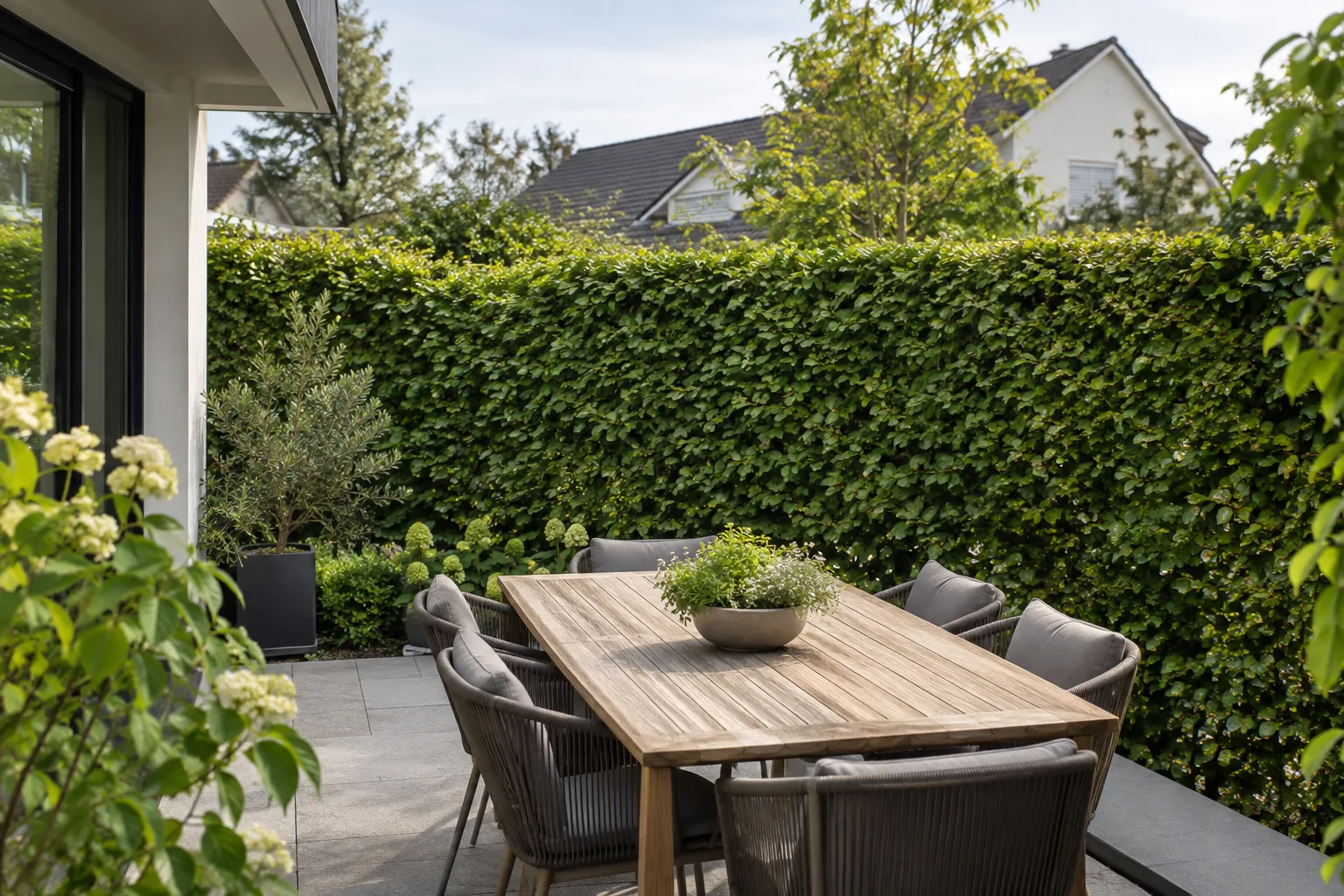 Dichte Hainbuchenhecke als natürlicher Sichtschutz am Gartentisch
