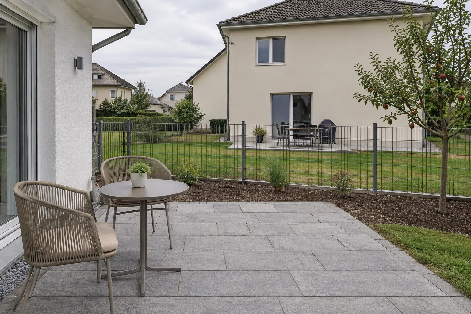 Sitzplatz mit offener Grundstücksgrenze und Einblick zur Nachbarterrasse