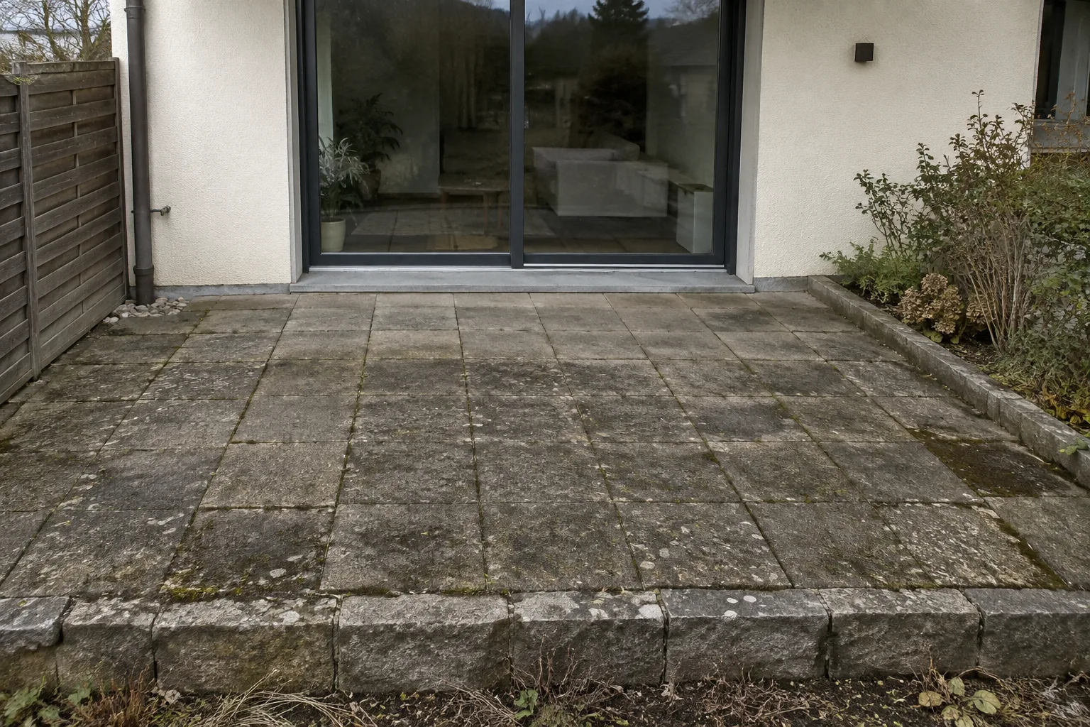 Alte Terrasse mit unebenen, verwitterten Betonplatten