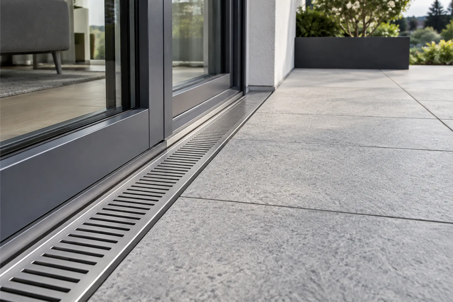 Entwässerungsrinne zwischen Terrassenplatten und Schiebetür