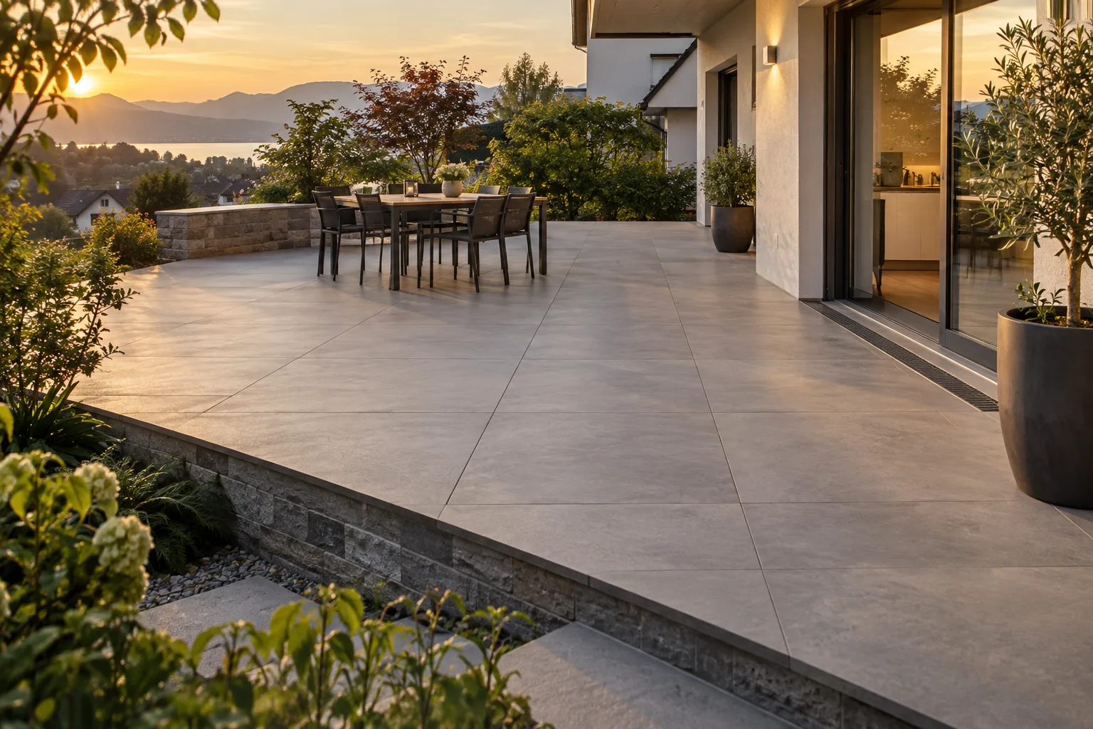 Fertige Terrasse mit grossformatigen Platten, Sitzbereich und sauberem Randabschluss
