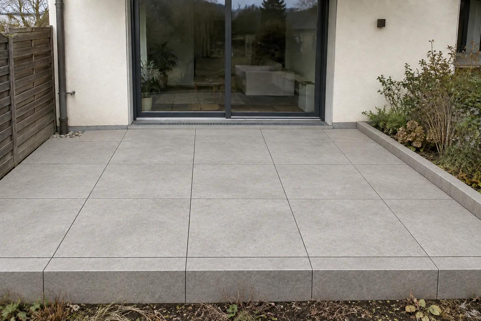Erneuerter Terrassenbelag mit grossen Platten und geradem Randabschluss