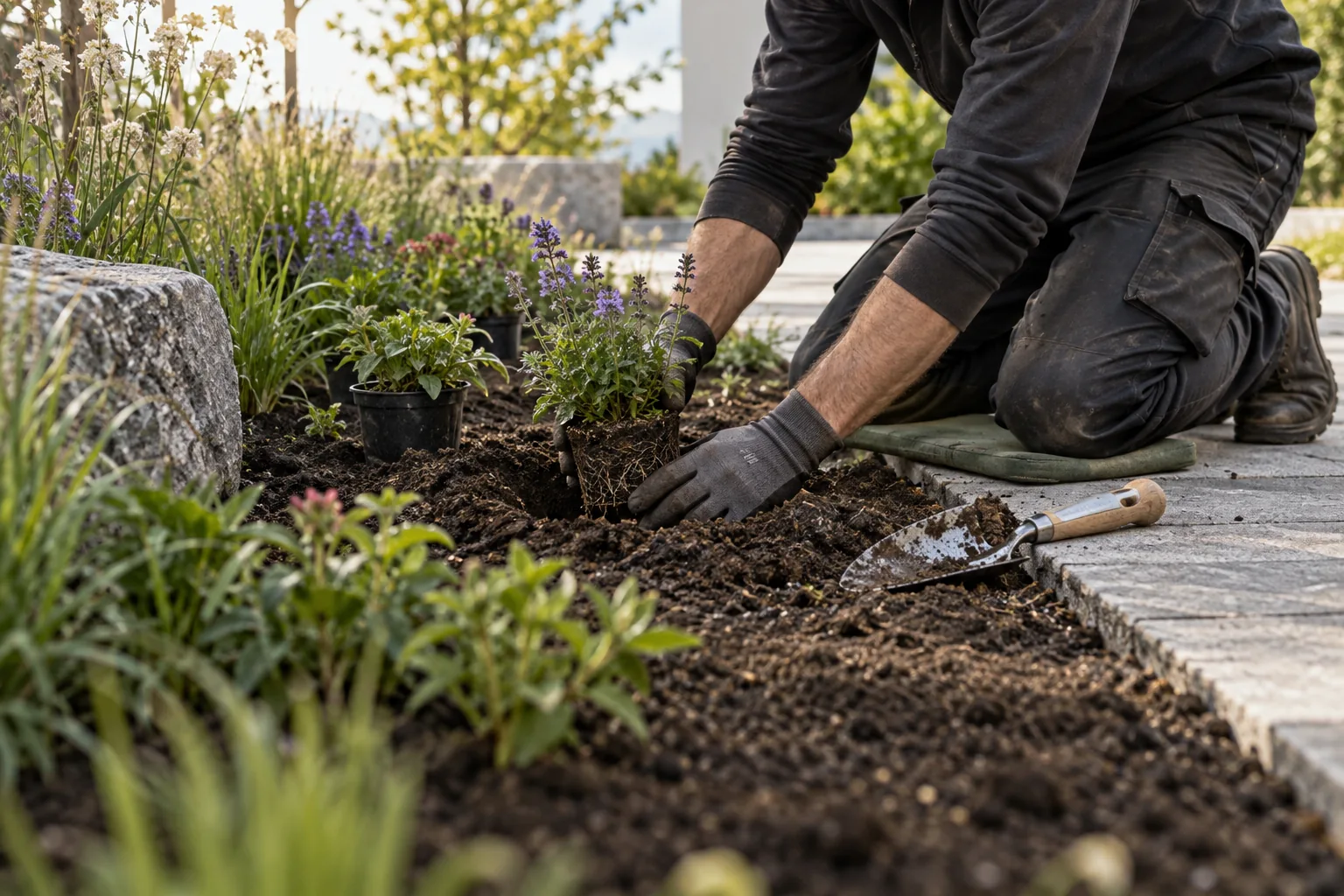 Gärtner pflanzt Stauden neben einem Gartenweg