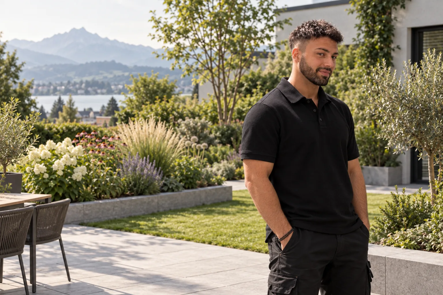 Hannes Punz an einer Gartenterrasse mit Stauden und Rasen