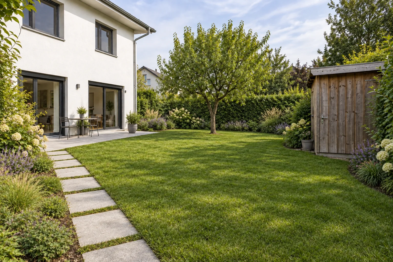 Neu gestalteter Garten mit Terrasse, Weg und Stauden